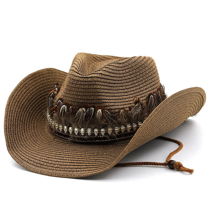Cappello da cowboy classico in paglia con fascia di piume estive