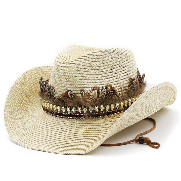Cappello da cowboy classico in paglia con fascia di piume estive