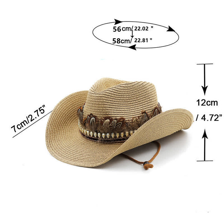 Cappello da cowboy classico in paglia con fascia di piume estive - image 3