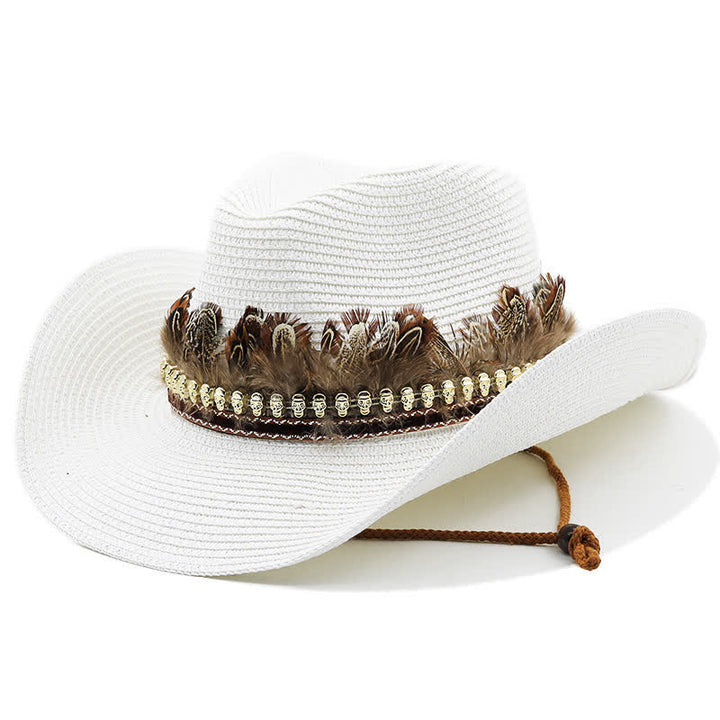Cappello da cowboy classico in paglia con fascia di piume estive - Bianco - M (22"-22 7/8") - image 9