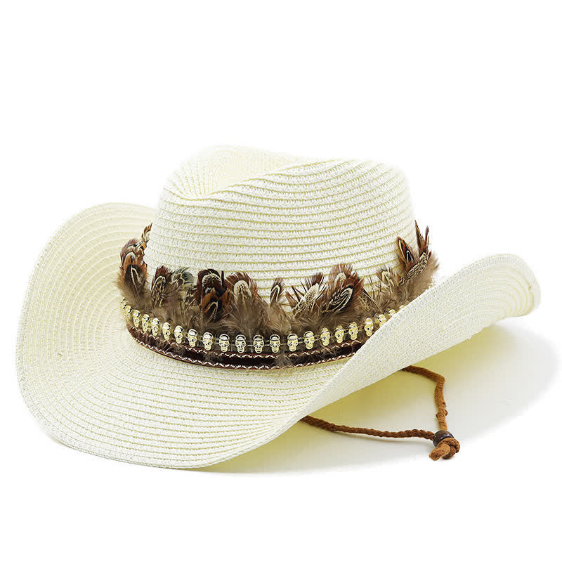 Cappello da cowboy classico in paglia con fascia di piume estive - Avorio - M (22"-22 7/8") - image 8