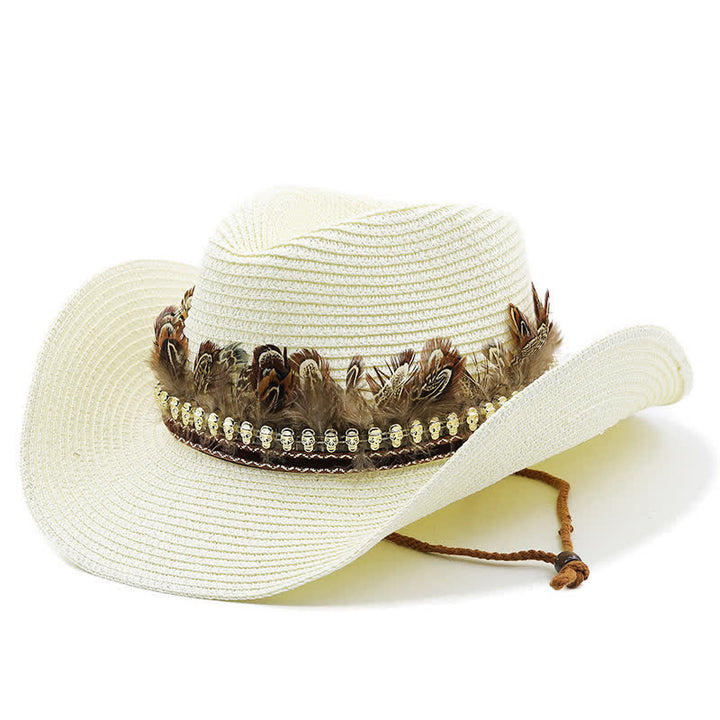 Cappello da cowboy classico in paglia con fascia di piume estive