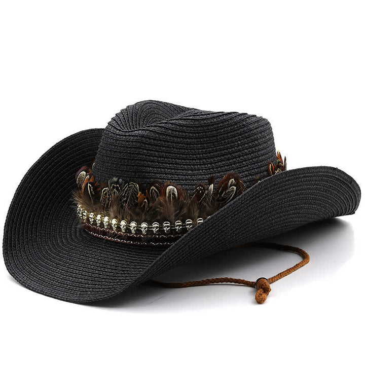 Cappello da cowboy classico in paglia con fascia di piume estive
