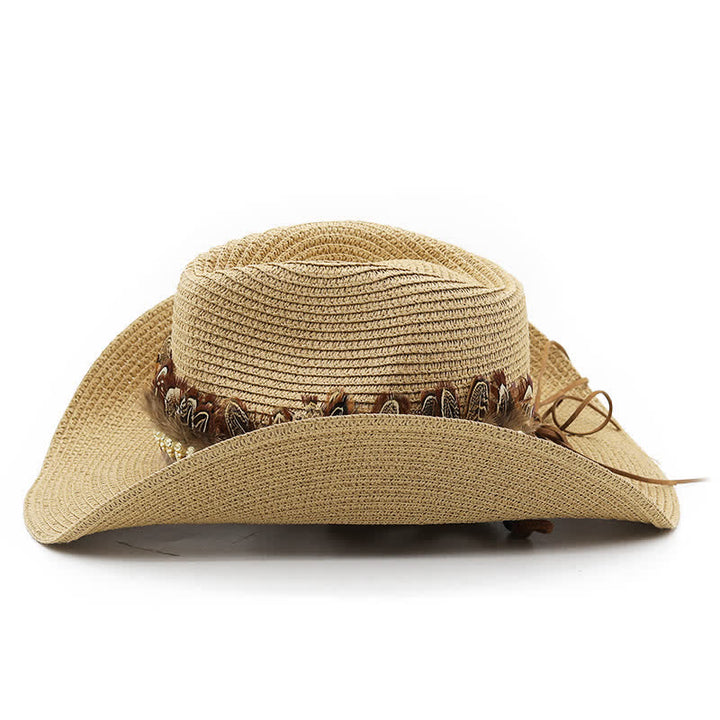 Cappello da cowboy classico in paglia con fascia di piume estive