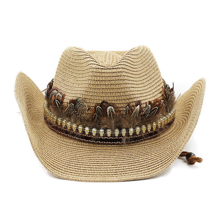 Cappello da cowboy classico in paglia con fascia di piume estive