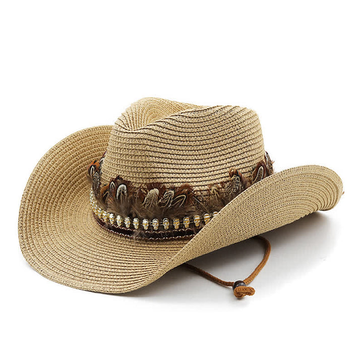 Cappello da cowboy classico in paglia con fascia di piume estive