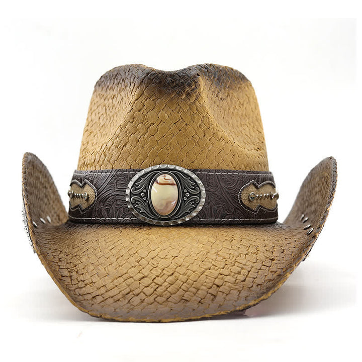 Cappello da cowboy in paglia con vernice spray e fibbia a forma di fiore vintage - image 4
