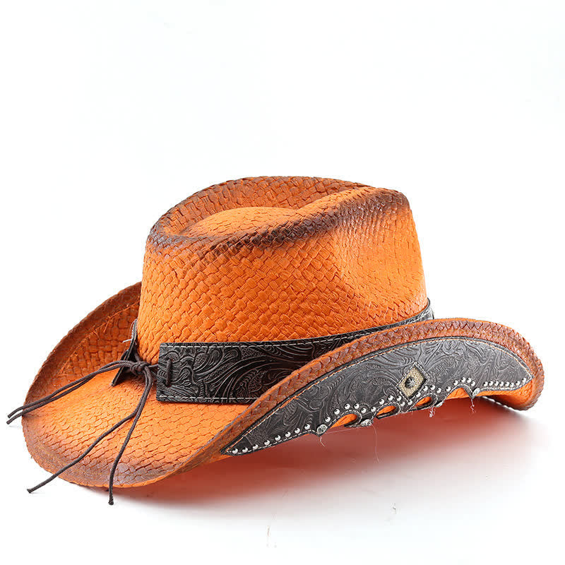 Cappello da cowboy in paglia con vernice spray e fibbia a forma di fiore vintage - image 12