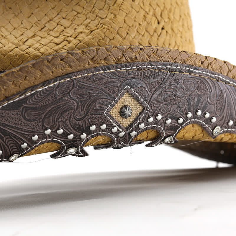 Cappello da cowboy in paglia con vernice spray e fibbia a forma di fiore vintage - image 6
