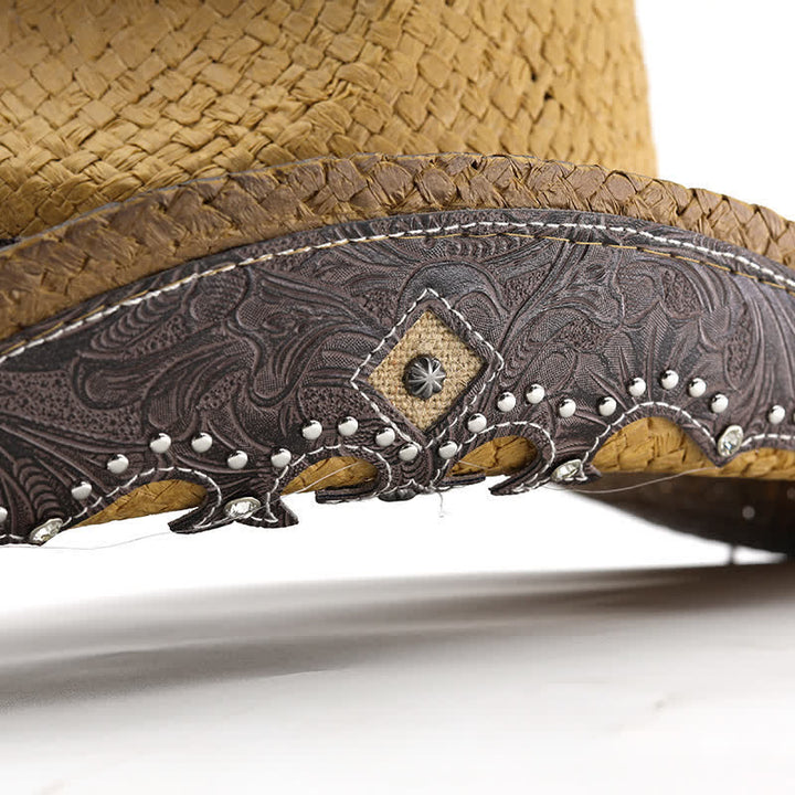Cappello da cowboy in paglia con vernice spray e fibbia a forma di fiore vintage - image 6