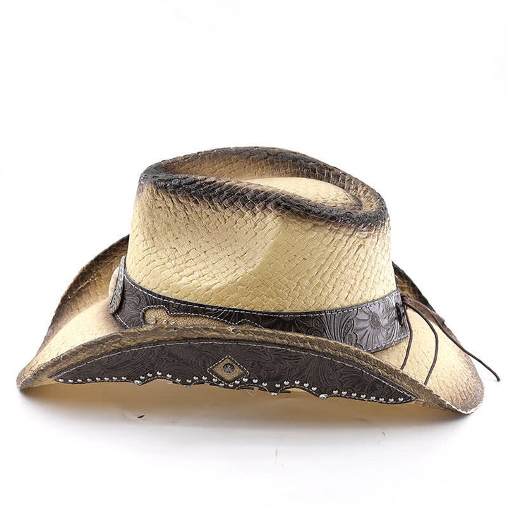Cappello da cowboy in paglia con vernice spray e fibbia a forma di fiore vintage - image 14