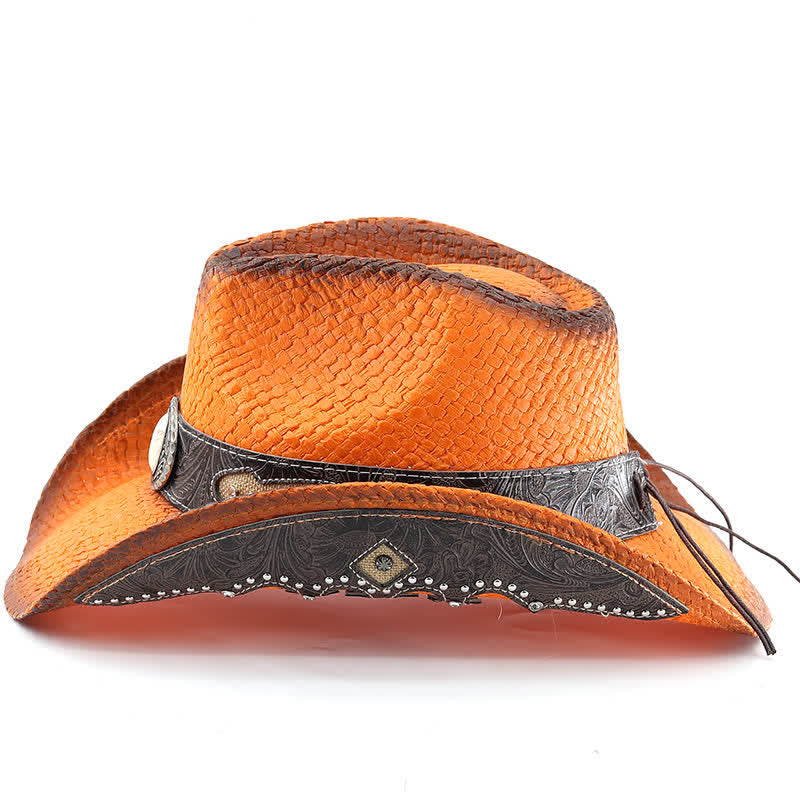 Cappello da cowboy in paglia con vernice spray e fibbia a forma di fiore vintage - image 11