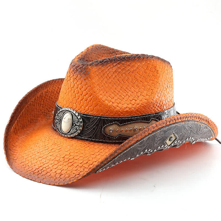 Cappello da cowboy in paglia con vernice spray e fibbia a forma di fiore vintage - Arancia - M (22"-22 7/8") - image 10
