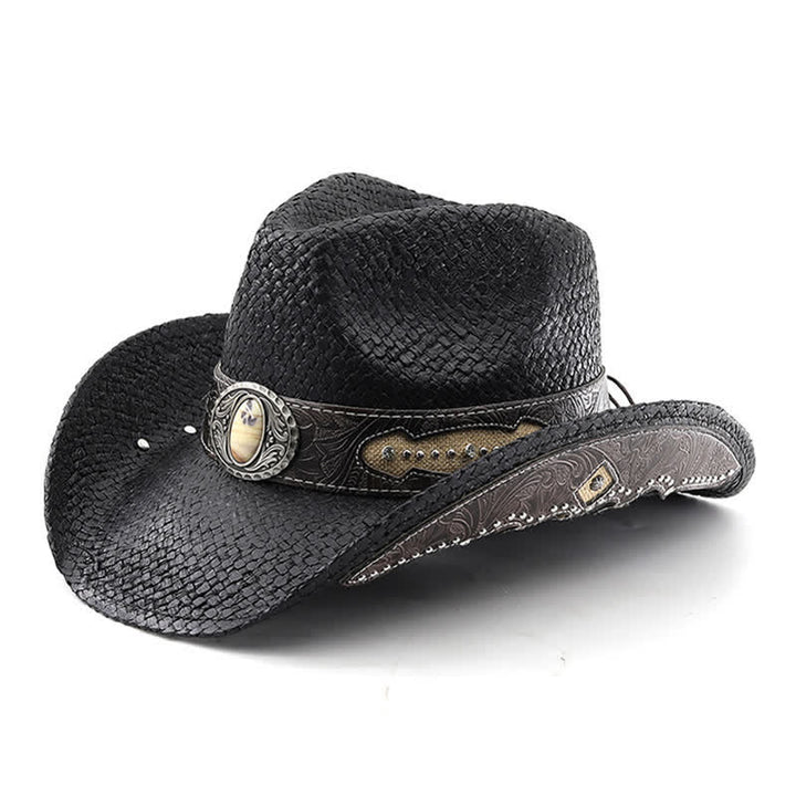 Cappello da cowboy in paglia con vernice spray e fibbia a forma di fiore vintage - Nero - M (22"-22 7/8") - image 0