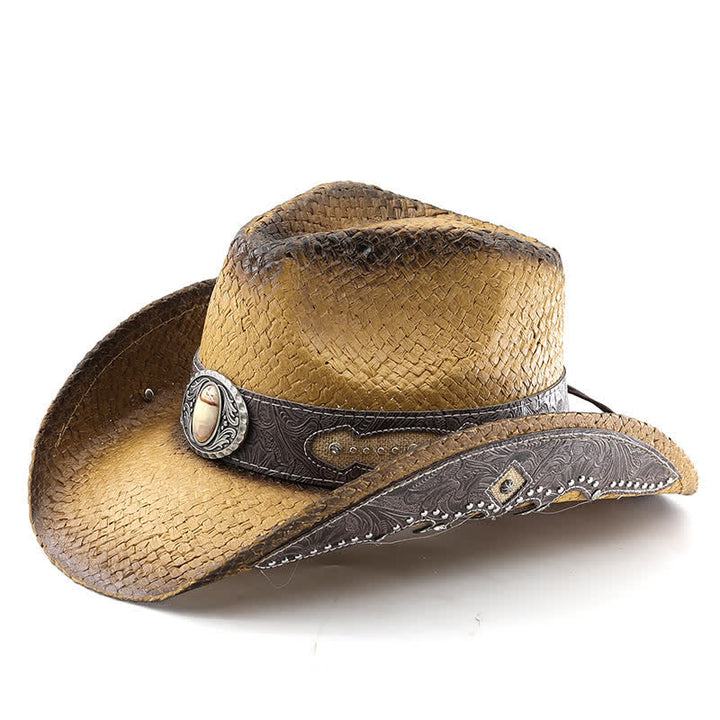 Cappello da cowboy in paglia con vernice spray e fibbia a forma di fiore vintage - Cachi - M (22"-22 7/8") - image 3