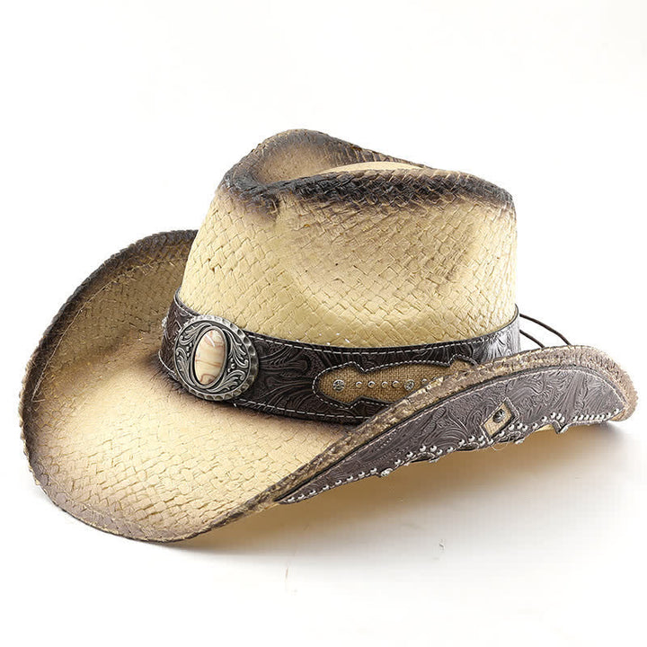 Cappello da cowboy in paglia con vernice spray e fibbia a forma di fiore vintage - Beige - M (22"-22 7/8") - image 13