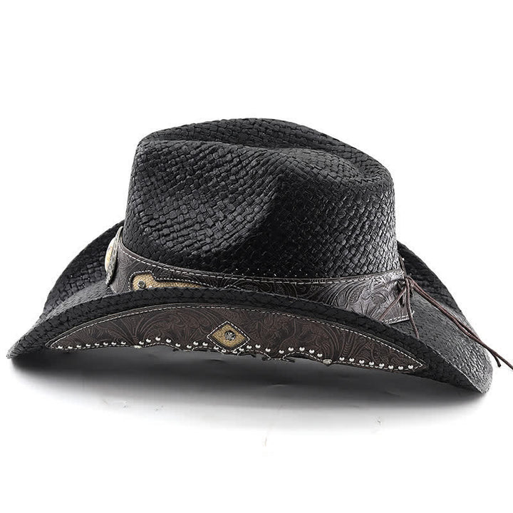 Cappello da cowboy in paglia con vernice spray e fibbia a forma di fiore vintage - image 1