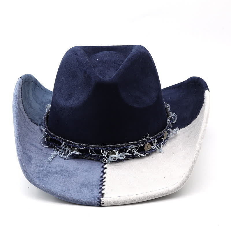 Cappello da cowboy in velluto scamosciato sintetico con contrasto di colore blu navy e bianco
