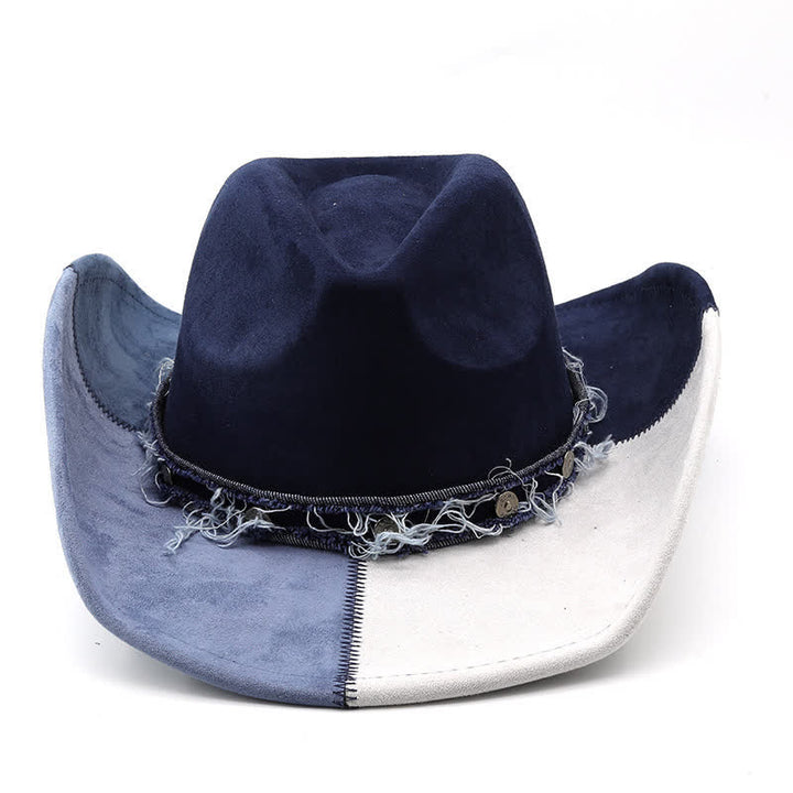 Cappello da cowboy in velluto scamosciato sintetico con contrasto di colore blu navy e bianco