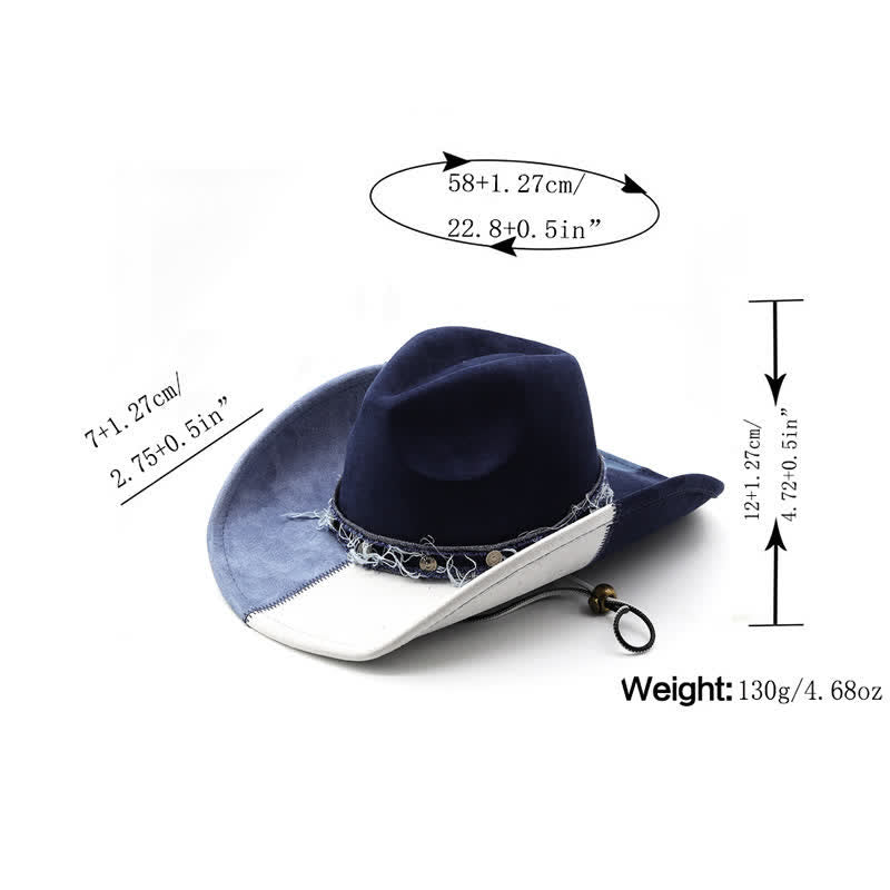 Cappello da cowboy in velluto scamosciato sintetico con contrasto di colore blu navy e bianco