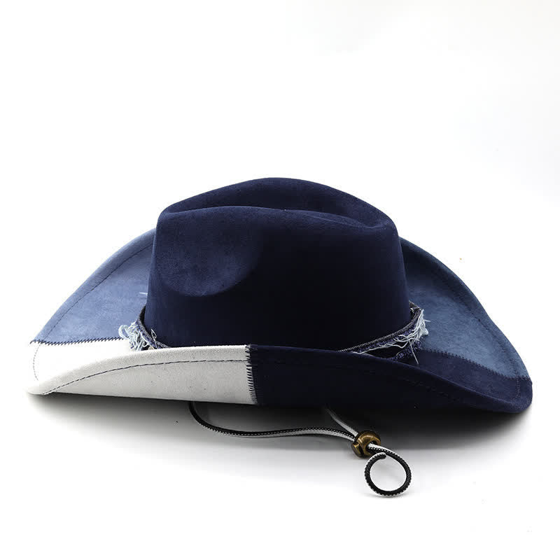 Cappello da cowboy in velluto scamosciato sintetico con contrasto di colore blu navy e bianco