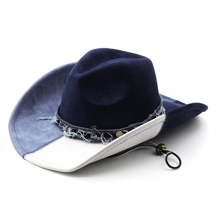Cappello da cowboy in velluto scamosciato sintetico con contrasto di colore blu navy e bianco