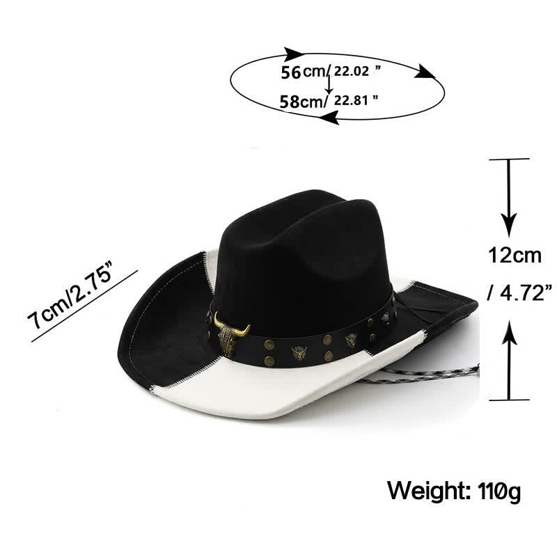 Cappello da cowboy in finta pelle scamosciata con fascia a contrasto in bianco e nero con rivetti a forma di toro