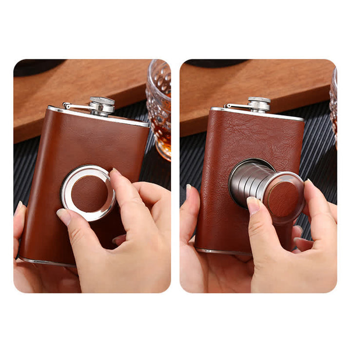 Borraccia portatile rivestita in pelle da 8 once con tazza incorporata