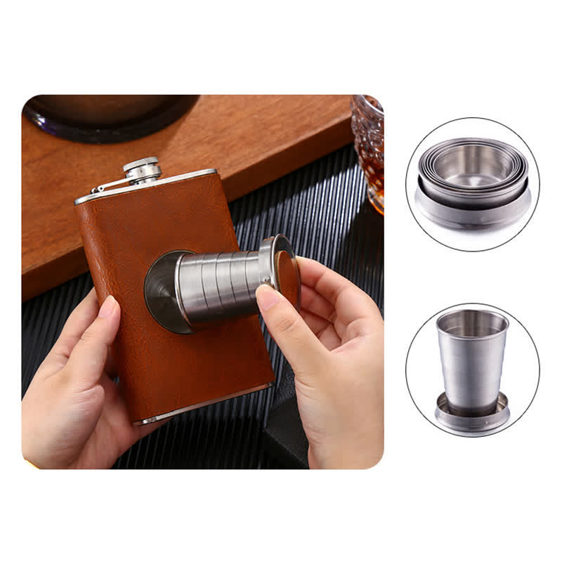 Borraccia portatile rivestita in pelle da 8 once con tazza incorporata