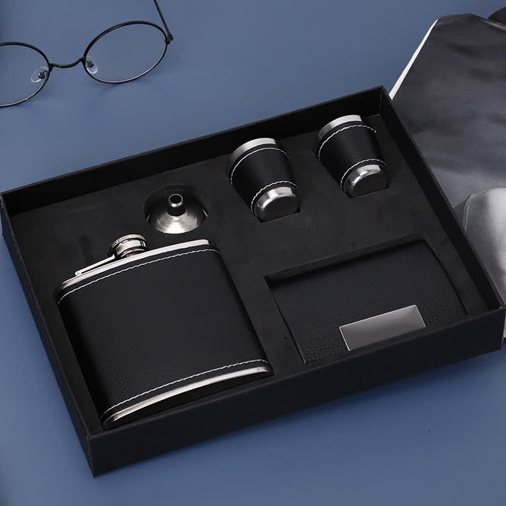 Set regalo da 5 fiaschette Noble da 6 oz in pelle nera impiallacciata
