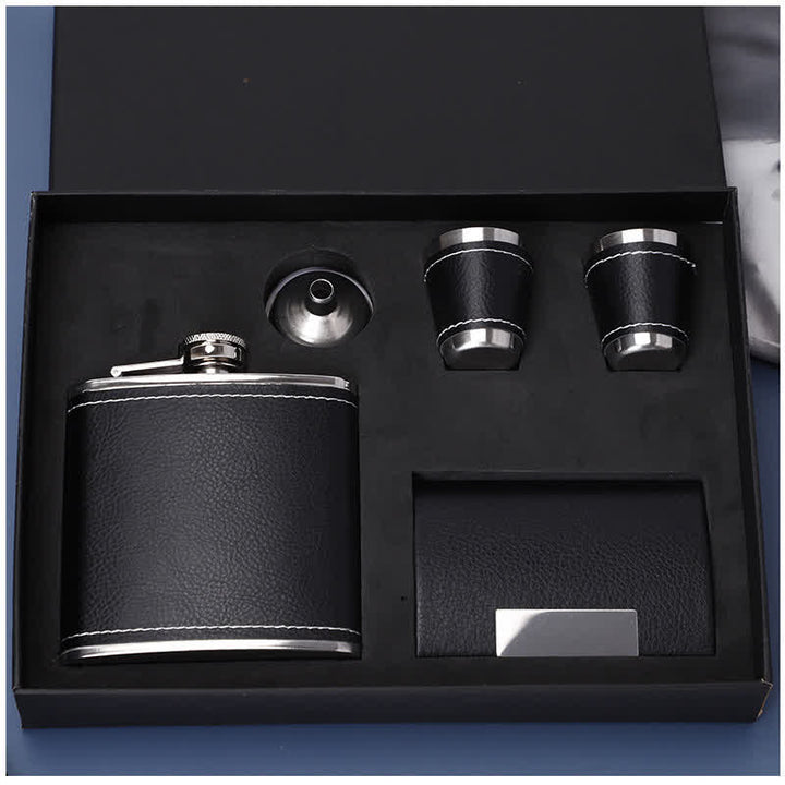 Set regalo da 5 fiaschette Noble da 6 oz in pelle nera impiallacciata
