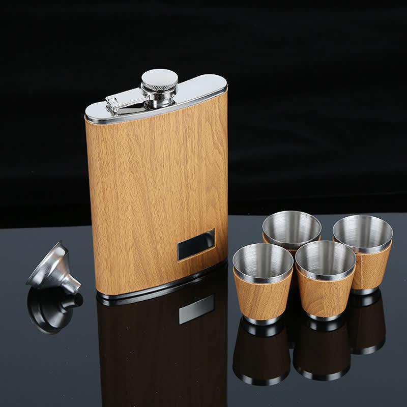 Set regalo da 6 fiaschette da 9 oz con tazze e tazzine impiallacciate in pelle effetto legno