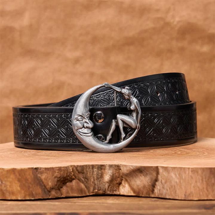 Cintura in pelle con fibbia Moon Lady fai da te da uomo - Signora della Luna - Cintura in tessuto goffrato nero (38) - image 6