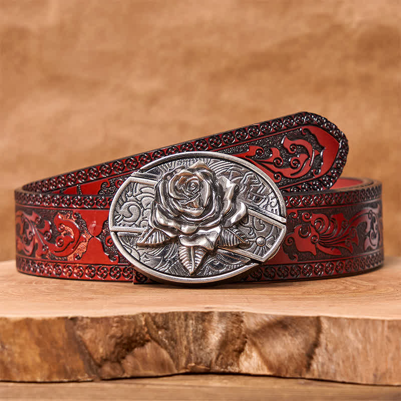 Cintura in pelle fai da te da uomo con coltello pieghevole nascosto Western Rose - Rosa occidentale - Cintura marrone intagliata - 42 - image 9