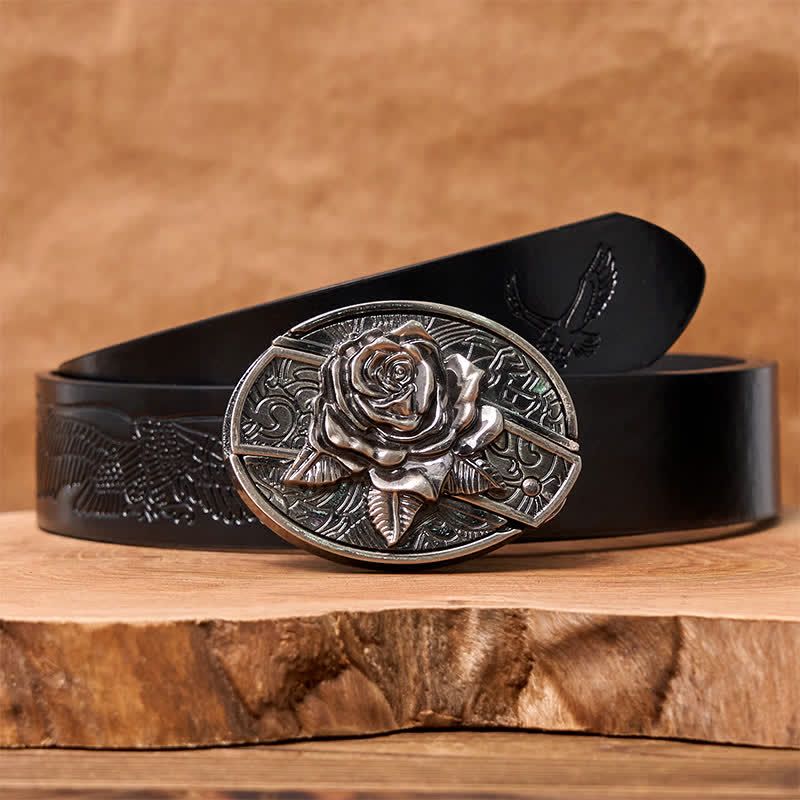 Cintura in pelle fai da te da uomo con coltello pieghevole nascosto Western Rose - Rosa occidentale - Cintura con aquila in rilievo nera - 42 - image 6