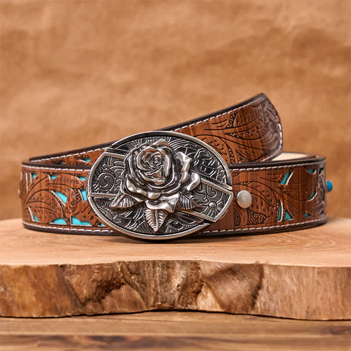 Cintura in pelle fai da te da uomo con coltello pieghevole nascosto Western Rose - Rosa occidentale - Cintura intagliata turchese - 42 - image 5