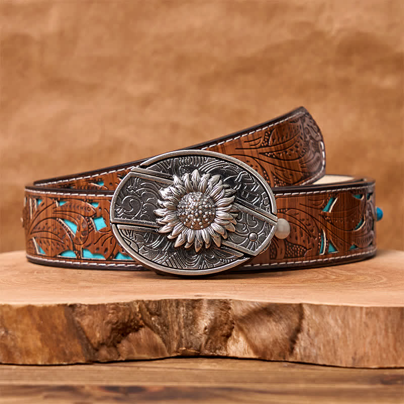 Cintura in pelle con coltello pieghevole nascosto a forma di girasole fai da te da uomo - Girasole - Cintura intagliata turchese - 42 - image 6