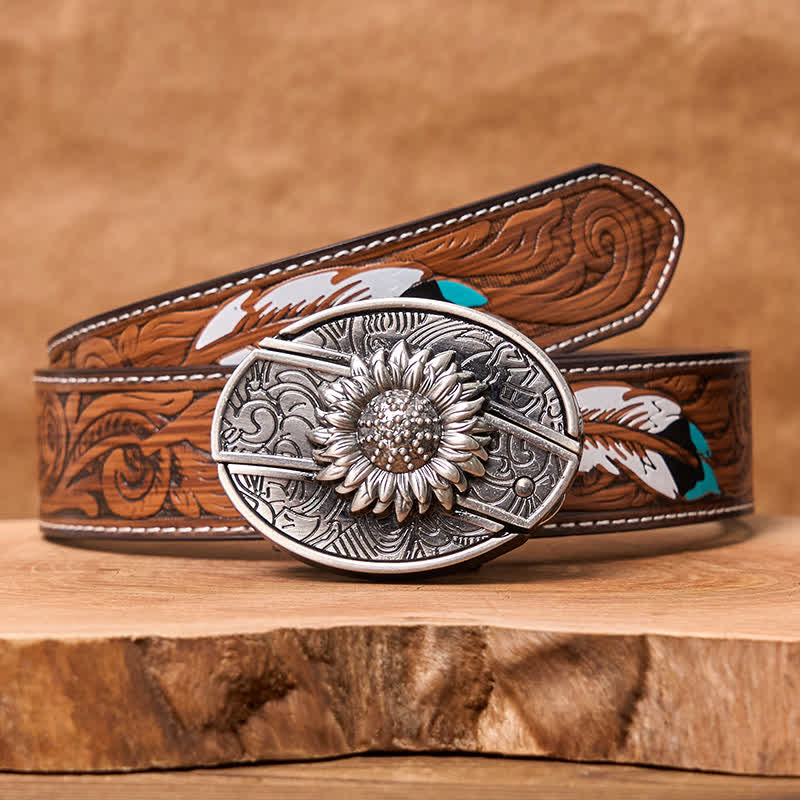 Cintura in pelle con coltello pieghevole nascosto a forma di girasole fai da te da uomo - Girasole - Cintura di piume marroni - 40 - image 10