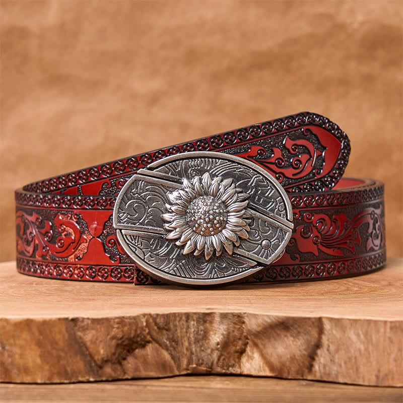 Cintura in pelle con coltello pieghevole nascosto a forma di girasole fai da te da uomo - Girasole - Cintura marrone intagliata - 42 - image 7