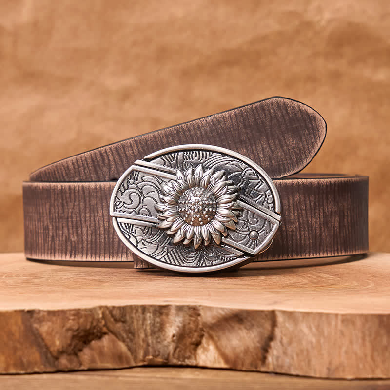 Cintura in pelle con coltello pieghevole nascosto a forma di girasole fai da te da uomo - Girasole - Cintura marrone anticata - 42 - image 9