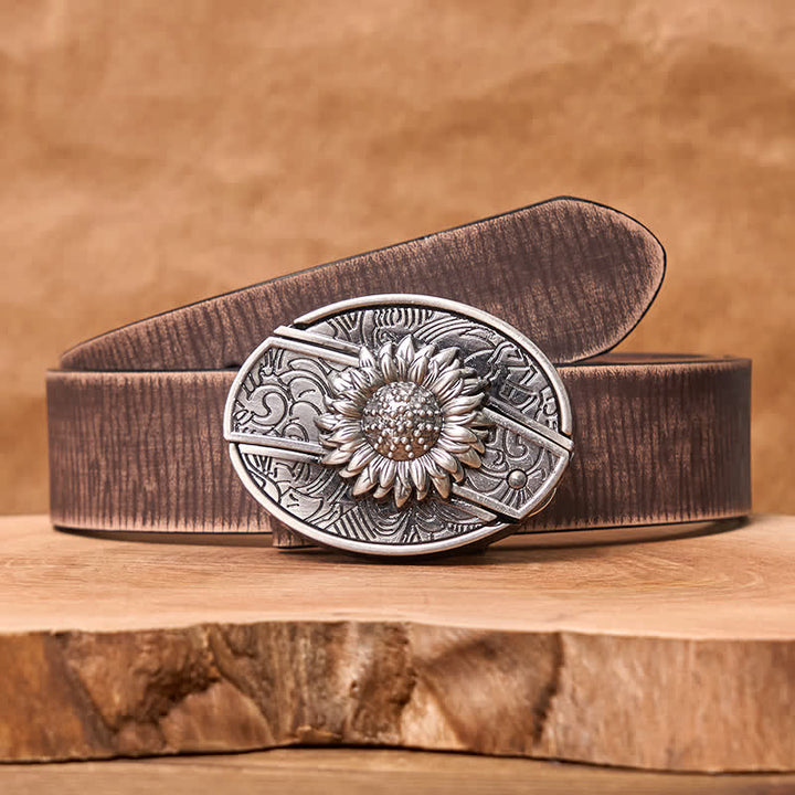 Cintura in pelle con coltello pieghevole nascosto a forma di girasole fai da te da uomo - Girasole - Cintura marrone anticata - 42 - image 10