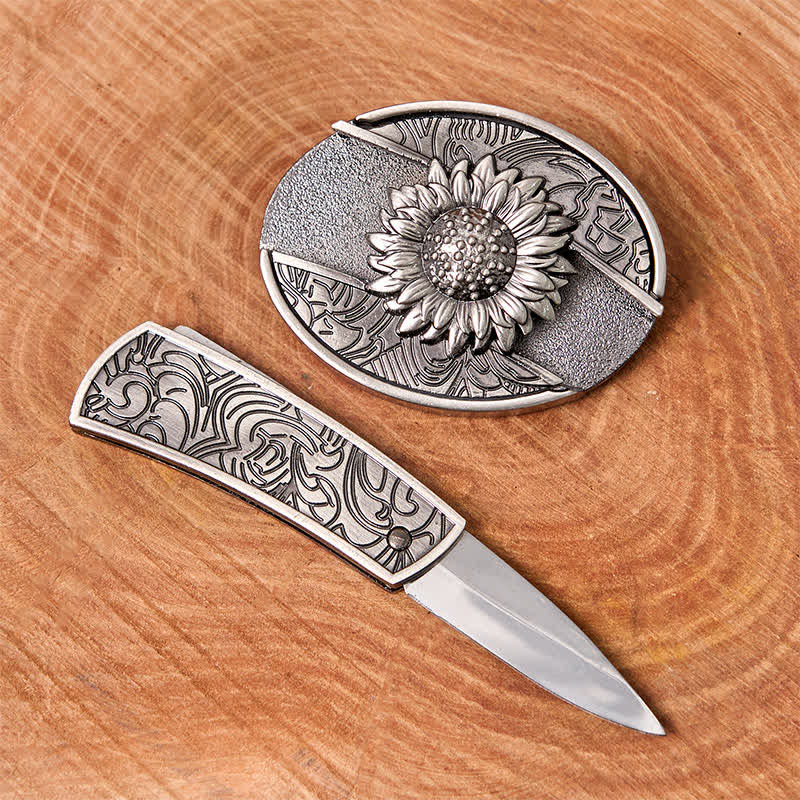Cintura in pelle con coltello pieghevole nascosto a forma di girasole fai da te da uomo - image 2