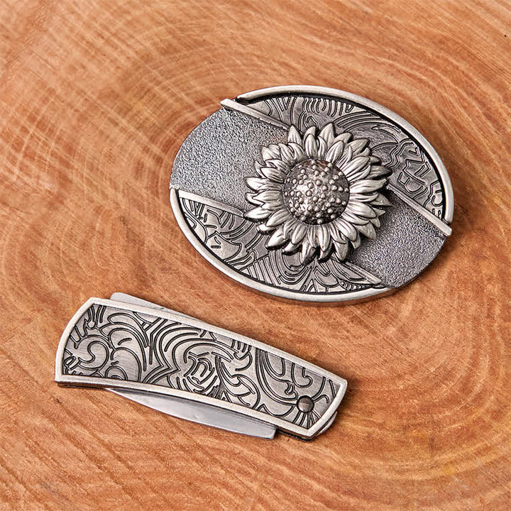 Cintura in pelle con coltello pieghevole nascosto a forma di girasole fai da te da uomo - image 2