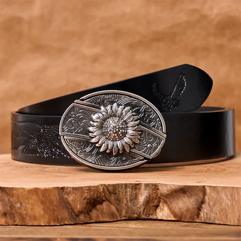 Cintura in pelle con coltello pieghevole nascosto a forma di girasole fai da te da uomo - Girasole - Cintura con aquila in rilievo nera - 42 - image 9