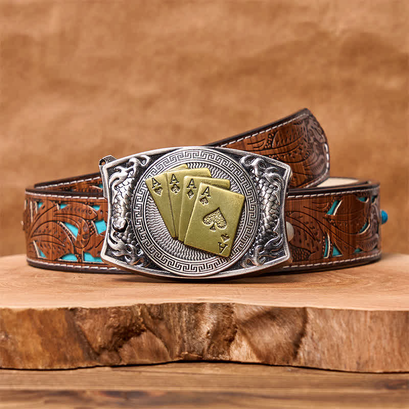 Cintura in pelle con coltello pieghevole nascosto in oro fai da te da uomo - Poker d'oro - Cintura intagliata turchese - 42 - image 7