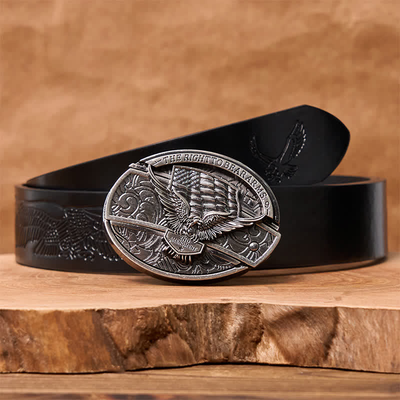 Cintura in pelle con coltello pieghevole nascosto con bandiera USA e aquila fai da te da uomo - Aquila - Cintura con aquila in rilievo nera - 42 - image 9