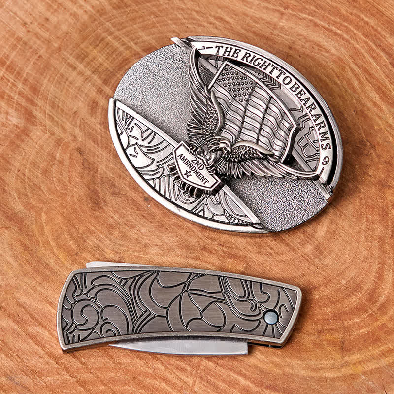 Cintura in pelle con coltello pieghevole nascosto con bandiera USA e aquila fai da te da uomo - image 6