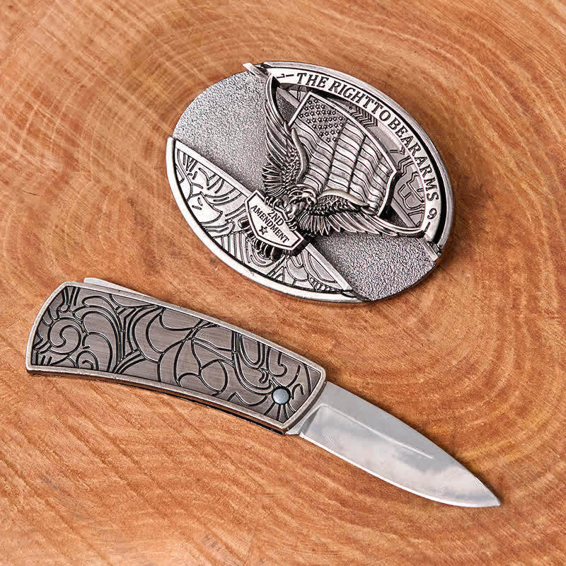 Cintura in pelle con coltello pieghevole nascosto con bandiera USA e aquila fai da te da uomo - image 2