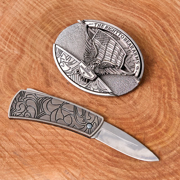 Cintura in pelle con coltello pieghevole nascosto con bandiera USA e aquila fai da te da uomo - image 2