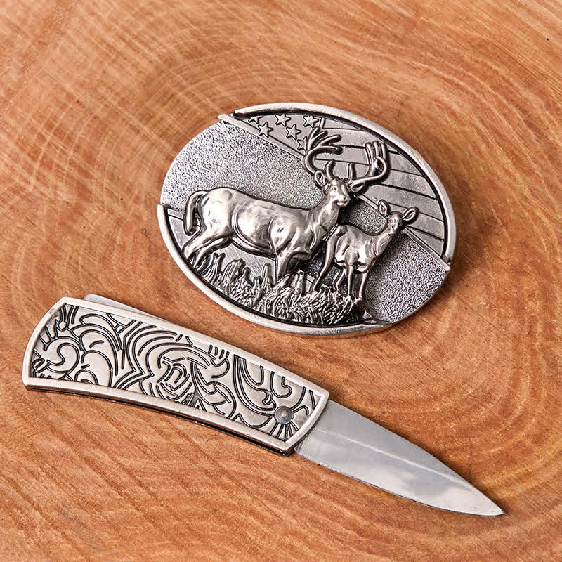 Cintura in pelle con coltello pieghevole nascosto a forma di bandiera di cervo fai da te da uomo